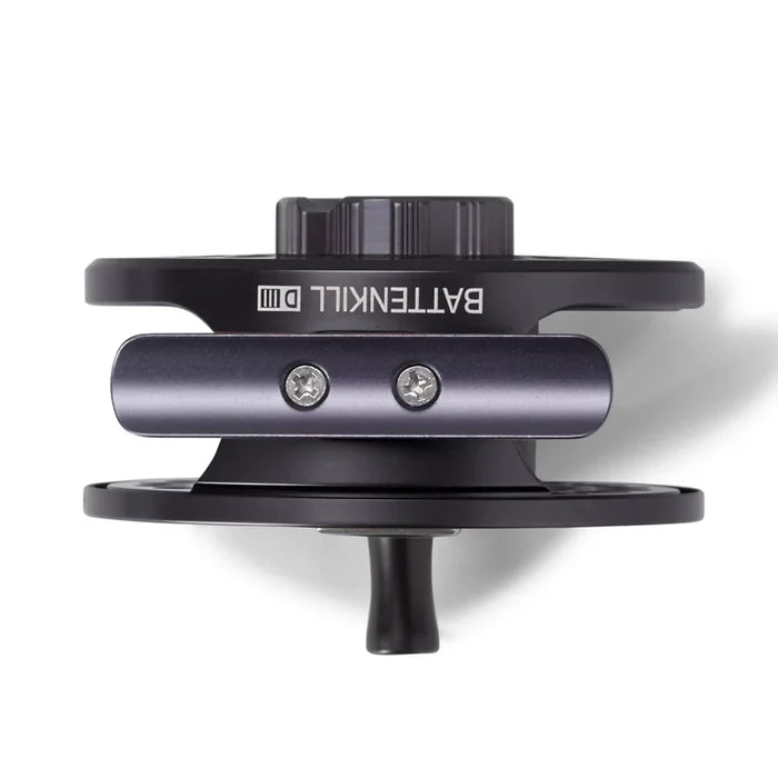 Orvis Battenkill Disk Fly Reel in black and dark gray, showing spool and tension knob, designed for fly fishing with durable metal construction and smooth drag system.