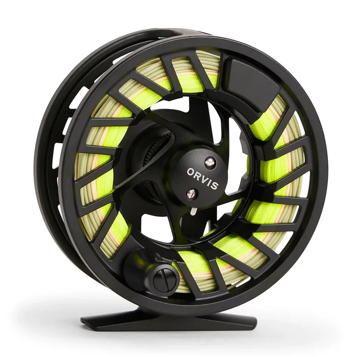 Orvis Clearwater Fly Reel in black with neon yellow fishing line, designed for smooth casting and durability, featuring a solid frame and ergonomic handle for fly fishing.