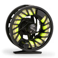 Orvis Clearwater Fly Reel in black with neon yellow fishing line, designed for smooth casting and durability, featuring a solid frame and ergonomic handle for fly fishing.