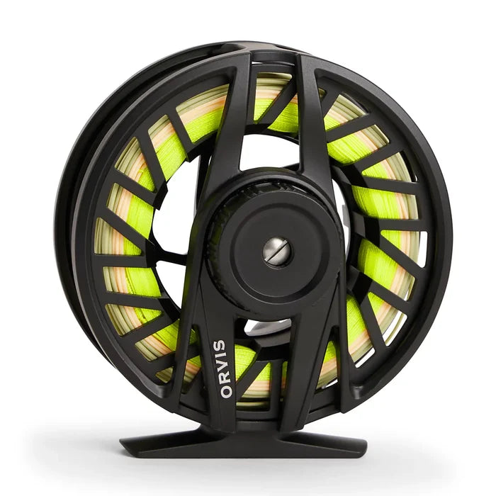 Orvis Clearwater Fly Reel in black with lime green and beige fly line, designed for smooth casting and durability in fly fishing applications.