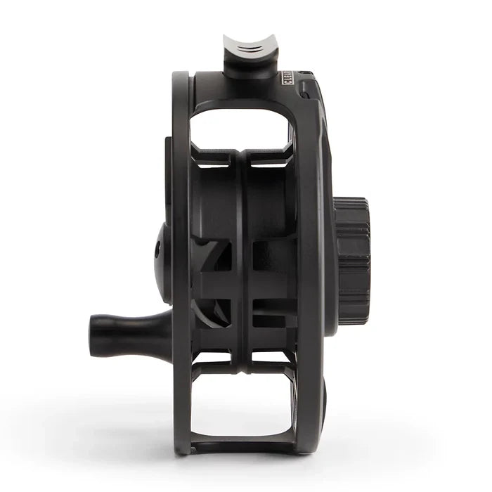 Orvis Clearwater Fly Reel shown from side view, featuring a sleek black design with smooth handle and precision-machined spool, ideal for fly fishing tackle.