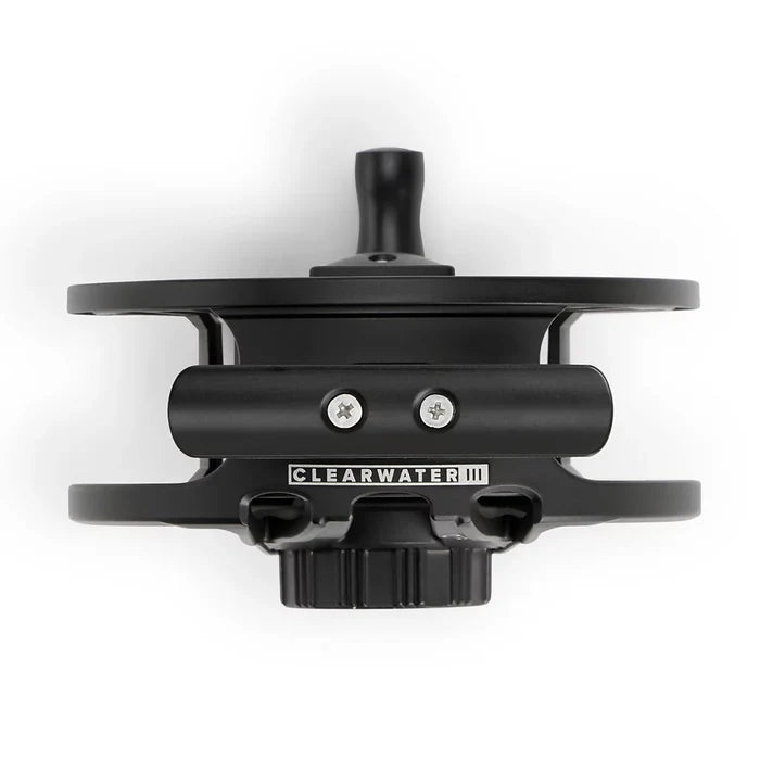 Orvis Clearwater Fly Reel in matte black finish with ergonomic handle, designed for smooth performance in fly fishing and compatible with various fishing tackle setups.