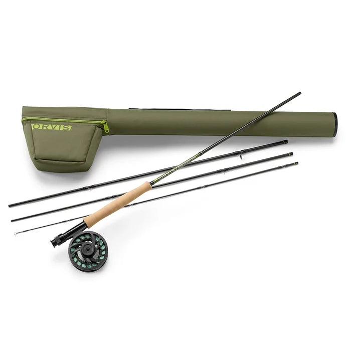 Orvis Encounter Outfit fly fishing rod and reel with cork handle, four-piece black rod, and green carrying case with zippered pocket, designed for fishing tackle enthusiasts.
