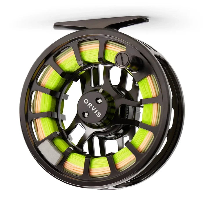 Orvis Hydros Fly Reel in black with bright green and orange fly line spooled, featuring a lightweight, ventilated design for smooth casting and durability.