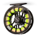 Orvis Hydros Fly Reel in black with bright green and orange fly line spooled, featuring a lightweight, ventilated design for smooth casting and durability.
