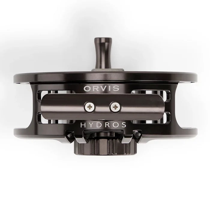 Orvis Hydros Fly Reel shown from the front, featuring a sleek black finish with visible handle and engraved brand name, designed for fly fishing enthusiasts.