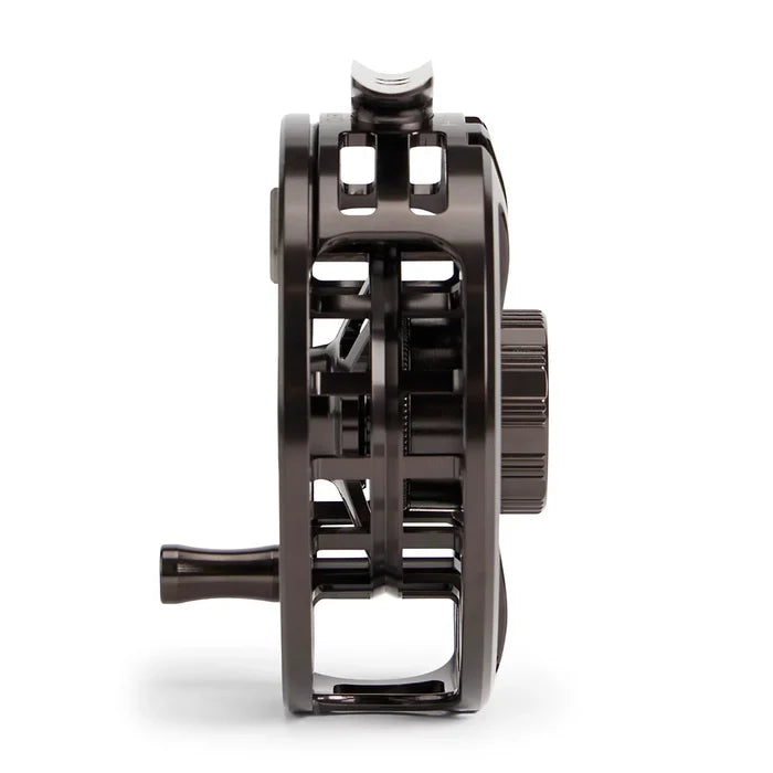 Side view of Orvis Hydros Fly Reel showcasing sleek black metal frame, ergonomic handle, and precision engineering designed for smooth fishing tackle performance.