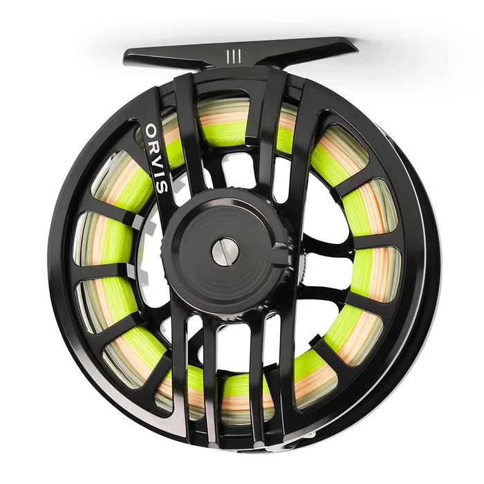 Orvis Hydros Fly Reel in black with bright green and beige fly line, designed for smooth performance in fly fishing tackle and reels.