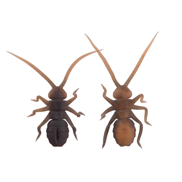Image showing two realistic brown fishing lures modeled after insect nymphs with segmented bodies and multiple legs, identified as OSP Orikanemushi II for fishing tackle use.