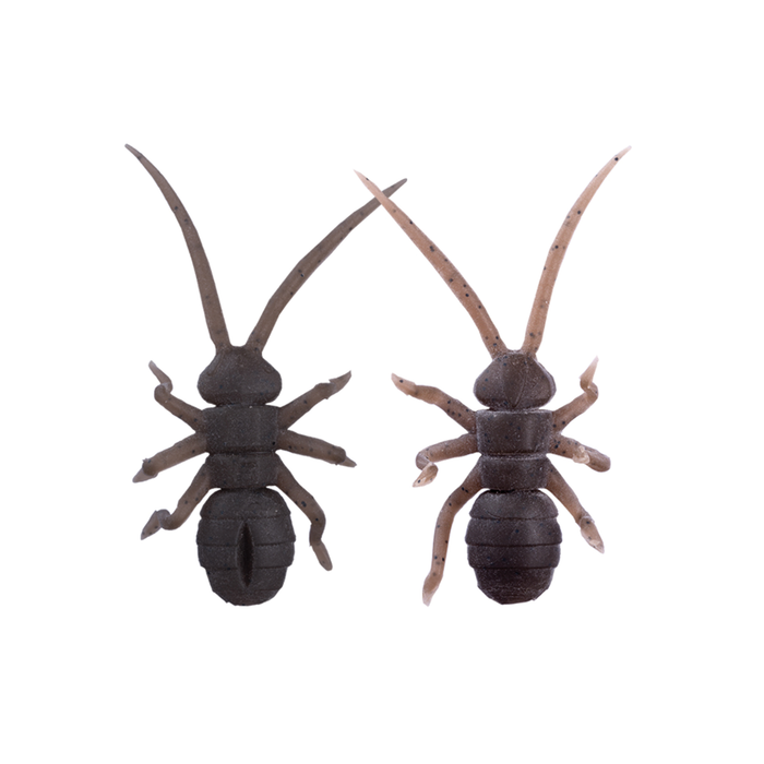 Two lifelike soft plastic fishing lures resembling insects in dark and tan shades, labeled OSP Orikanemushi II, designed for musky fishing tackle use.
