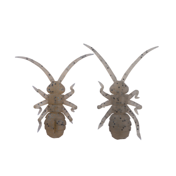 Two translucent beige fishing lures with black speckles and multiple legs, designed to mimic aquatic insects, identified as OSP Orikanemushi II.