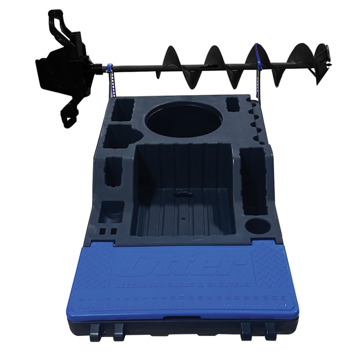 Otter Sonar Sled Auger Rack designed to hold and transport an ice auger securely on a durable sled with multiple compartments for fishing tackle organization.