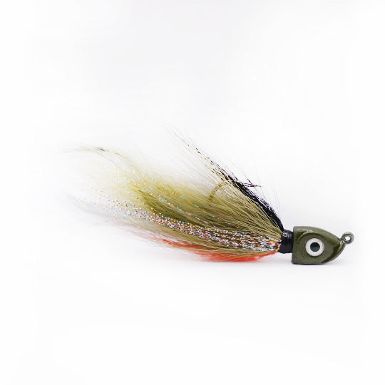 Close-up of an olive green Outkast Tackle Chicken Nugget Hair Jig fishing lure with synthetic hair and sparkle strands, designed for musky fishing tackle.