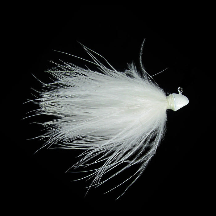Outkast Tackle Fighter Fly Marabou Jig with soft, white marabou feathers and a streamlined white head, designed for effective fishing lure action and attraction.