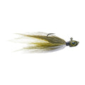 Outkast Tackle Float N Fly Hair Jig featuring a realistic lifelike olive and brown hair design with a detailed fish head, suitable for freshwater fishing tackle.