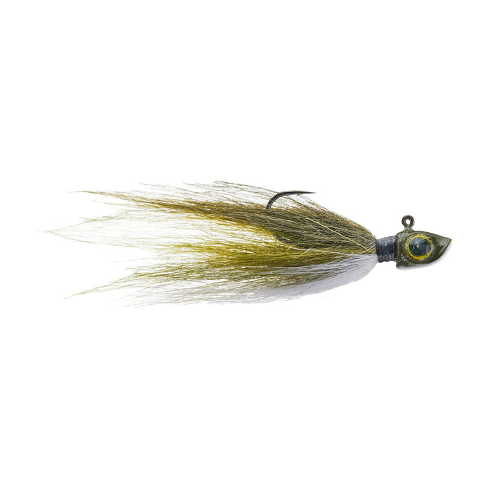 Outkast Tackle Float N Fly Hair Jig featuring a realistic lifelike olive and brown hair design with a detailed fish head, suitable for freshwater fishing tackle.