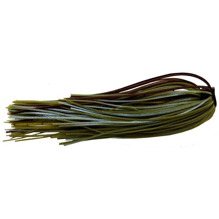 Outkast Tackle Frog Hair Fine Cut Jig Skirts in olive green and brown hues, designed to enhance fishing lures with fine, flexible strands for realistic movement in water.