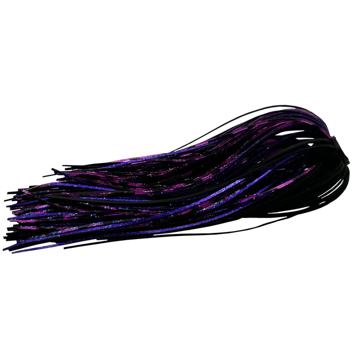 Outkast Tackle Frog Hair Fine Cut Jig Skirts in black and purple with fine cut strands designed for use as fishing tackle to enhance lure movement and attraction.