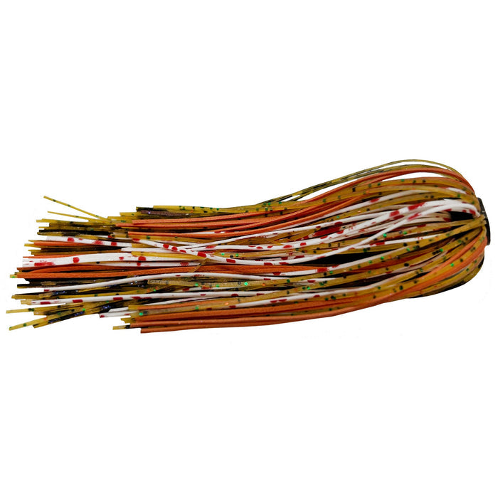 Outkast Tackle Frog Hair Fine Cut Jig Skirts in mixed orange, brown, white, and black colors with fine cut strands designed for fishing tackle and lure customization.