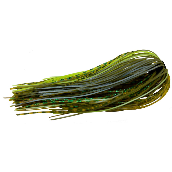 Outkast Tackle Frog Hair Fine Cut Jig Skirts in green and brown hues with fine, flexible strands designed for lifelike movement in fishing tackle applications.