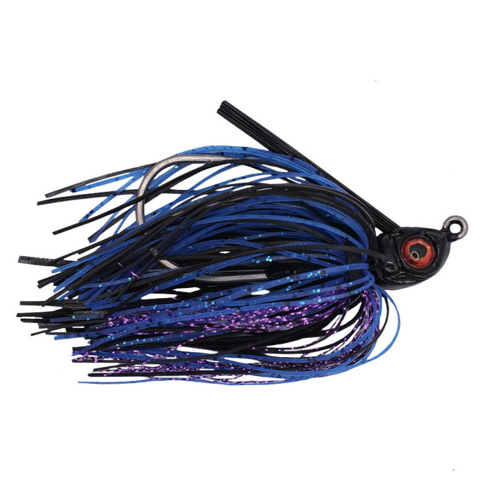 Outkast Tackle Jackpot Swim Jig featuring a black, blue, and purple skirt with glitter accents and a weighted head designed for fishing tackle and lure applications.