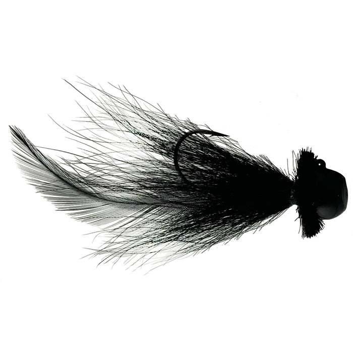 Outkast Tackle Ned Bug fishing lure in black with feather and synthetic fibers designed for musky fishing, featuring a weighted head and sharp hook.