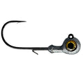Outkast Tackle Radar Love Jighead featuring a silver weighted head with realistic eye detail and a sharp black fishing hook, designed for effective fishing tackle use.