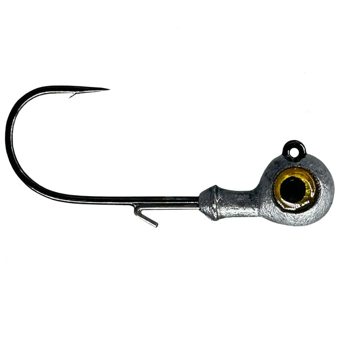 Outkast Tackle Radar Love Jighead featuring a silver weighted head with realistic eye detail and a sharp black fishing hook, designed for effective fishing tackle use.