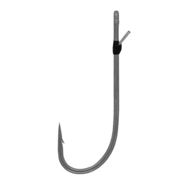 Owner Cover Shot HD Worm Hook in metallic finish featuring a sharp curved point and a small barb, designed for fishing tackle use in securing bait effectively.