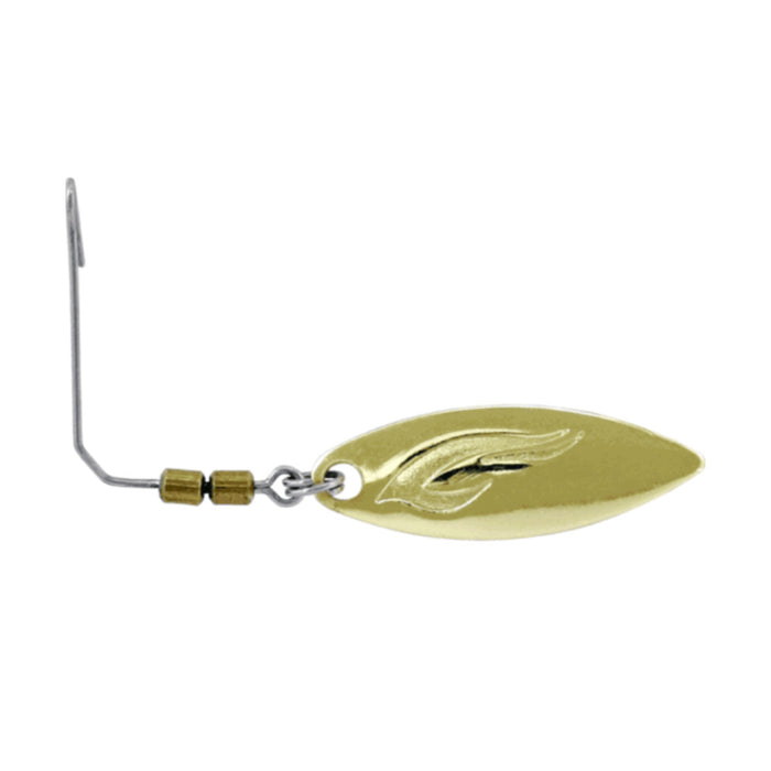 Owner Flashy Blade fishing lure with a shiny gold finish, featuring a detailed engraved design and attached to a wire with small gold beads for enhanced fishing tackle performance.