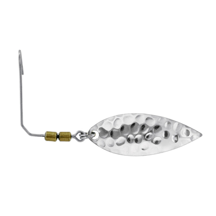 Close-up of a silver hammered metal fishing lure blade with a curved wire and two small brass beads, designed as the Owner Flashy Blade for fishing tackle.