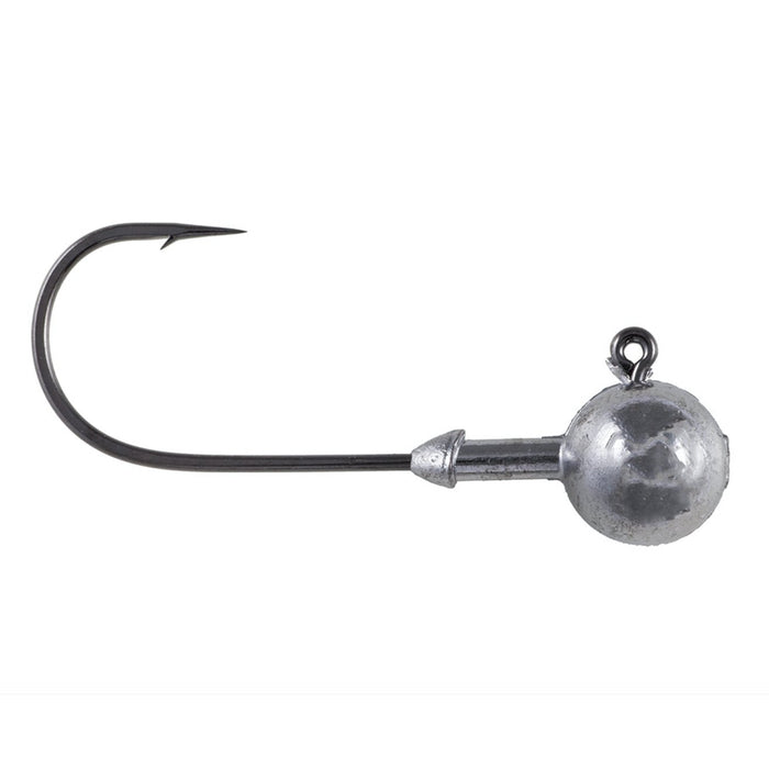 Owner Ultrahead Round Jig Head with a sharp, curved black hook and a smooth, round silver weighted head designed for fishing tackle use.