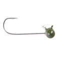 Owner Ultrahead Shakey Football Head fishing lure with an olive green football-shaped jig head and a sharp single hook designed for musky fishing tackle.