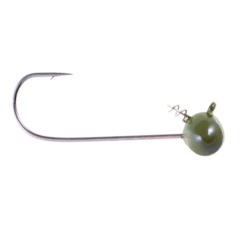 Owner Ultrahead Shakey Football Head fishing lure with an olive green football-shaped jig head and a sharp single hook designed for musky fishing tackle.