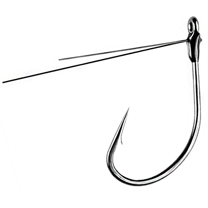 Close-up image of a single Owner Weedless Sniper Finesse Hook, featuring a sharp curved point with a weed guard wire designed to prevent snagging while fishing.