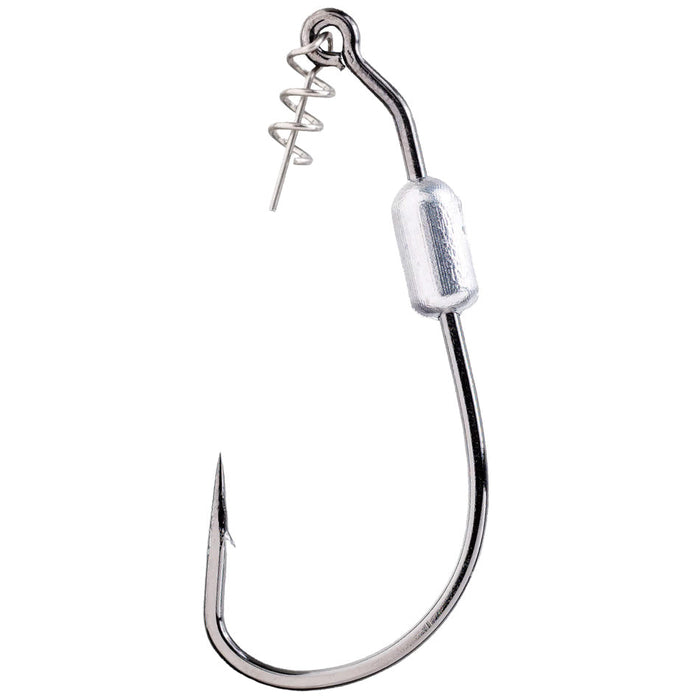Close-up image of a single Owner Weighted Twistlock fishing hook featuring a sharp curved point, a weighted silver barrel, and a spiral-lock screw for secure lure attachment.