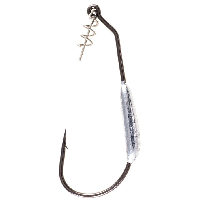 Owner Weighted Twistlock fishing hook with a sharp curved point, featuring a weighted silver body and a twisted wire lock for securing swimbaits and fishing lures.