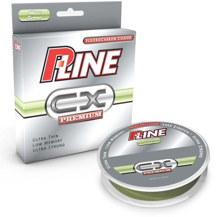 P-Line CX Premium Fluorocarbon Coated Line in moss green packaging, featuring a spool and box highlighting ultra thin, low memory, and ultra strong fishing tackle line.
