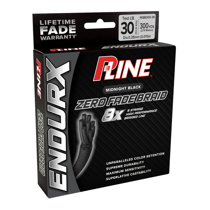 Box of P-Line EndurX Zero Fade Braid fishing line in midnight black color, featuring 8-strand high-performance braid with 30-pound test strength and 300 yards length.