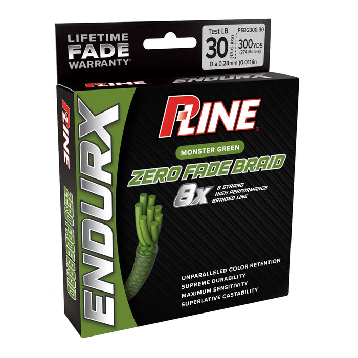 P-Line EndurX Zero Fade Braid fishing line in monster green, featuring 8-strand high-performance braid, 30-pound test strength, 300 yards length, designed for durability and color retention.