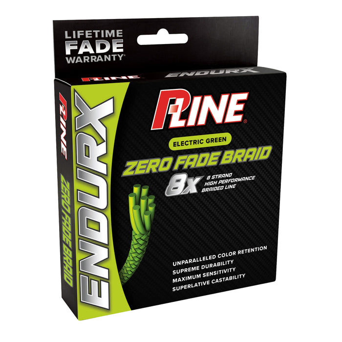 Box of P-Line EndurX Zero Fade Braid fishing line in electric green color, featuring 8-strand high performance braided construction with lifetime fade warranty.