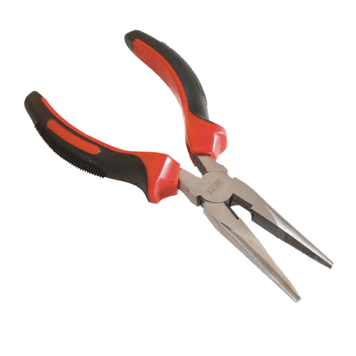 P-Line Needle Nose Pliers with long, narrow metal jaws and red and black ergonomic rubber grips, designed for precision tasks in fishing tackle and rod maintenance.