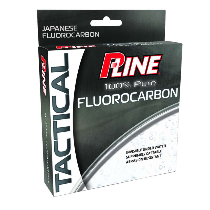 P-Line Tactical Fluorocarbon fishing line packaging in black and silver, highlighting 100% pure fluorocarbon, invisibility underwater, superior castability, and abrasion resistance.