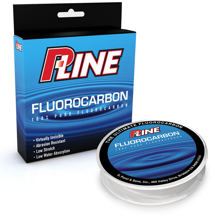 P-Line Ultimate 100% Fluorocarbon fishing line spool and packaging, featuring abrasion-resistant, low-stretch, virtually invisible fluorocarbon material ideal for fishing tackle.