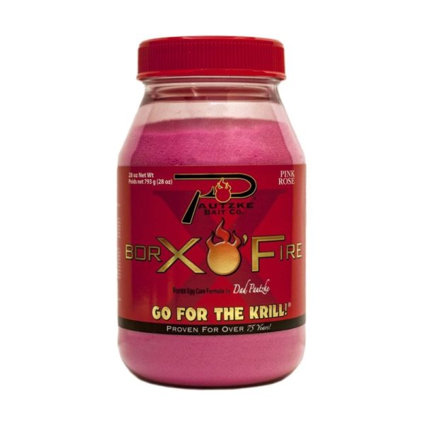 Pautzke BorX O'Fire 28oz jar of bright pink fishing bait powder designed for attracting fish, with bold branding and a red cap, ideal for fishing tackle use.