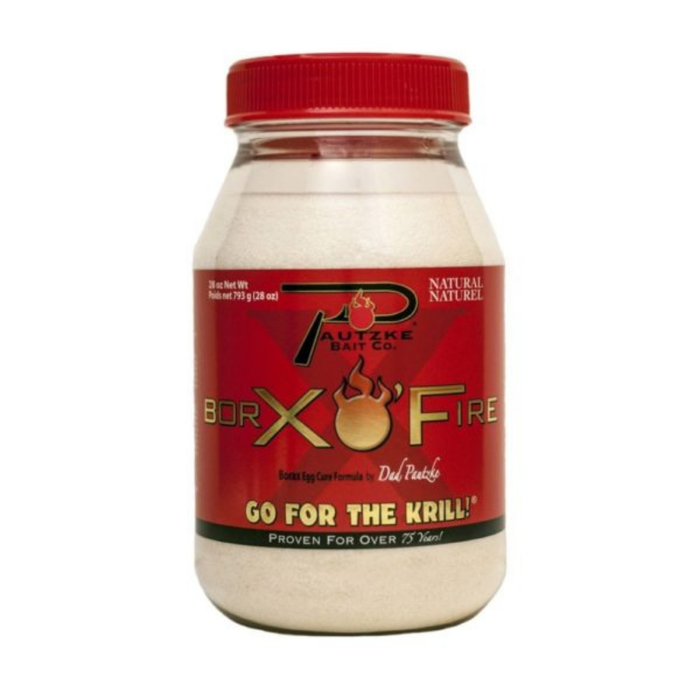 Pautzke BorX O'Fire 28oz natural bait powder in a clear jar with a red lid, designed for fishing tackle enthusiasts targeting musky and other species.