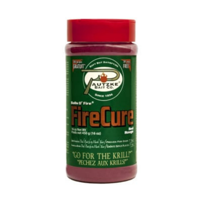 Bottle of Pautzke Fire Cure 16oz fishing bait enhancer with a red cap and green label featuring the Pautzke Bait Co. logo and product details.