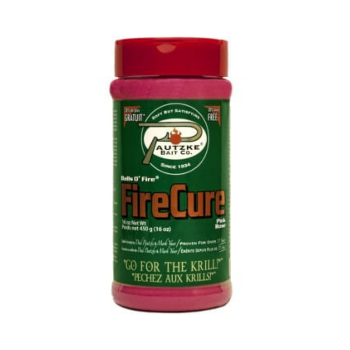 Pautzke Fire Cure 16oz container with red lid holding bright pink bait additive designed for fishing tackle enthusiasts seeking enhanced scent and attraction for muskies.