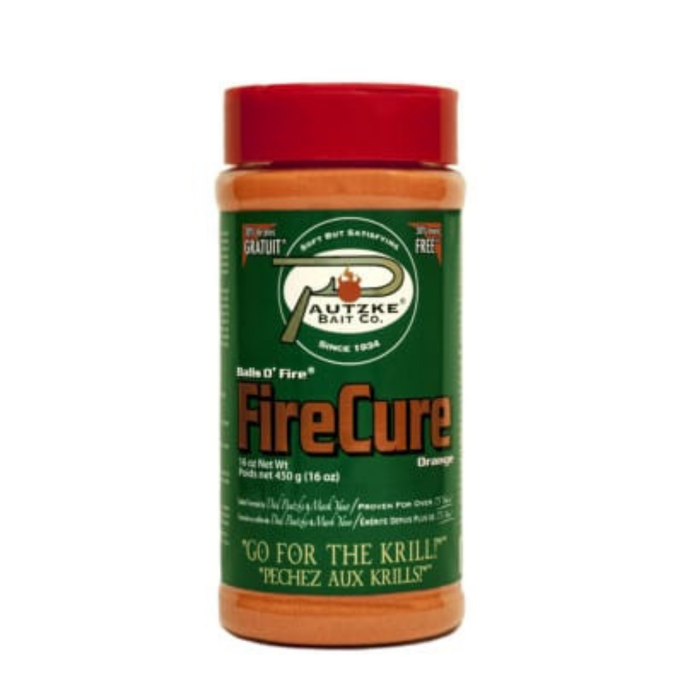 Pautzke Fire Cure 16oz container with orange bait powder, featuring a red lid and green label, designed for enhancing fishing tackle effectiveness.