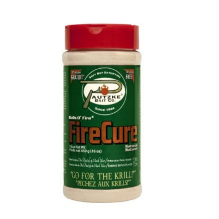 Container of Pautzke Fire Cure 16oz bait attractant with green label and red lid, designed for enhancing fishing tackle effectiveness.